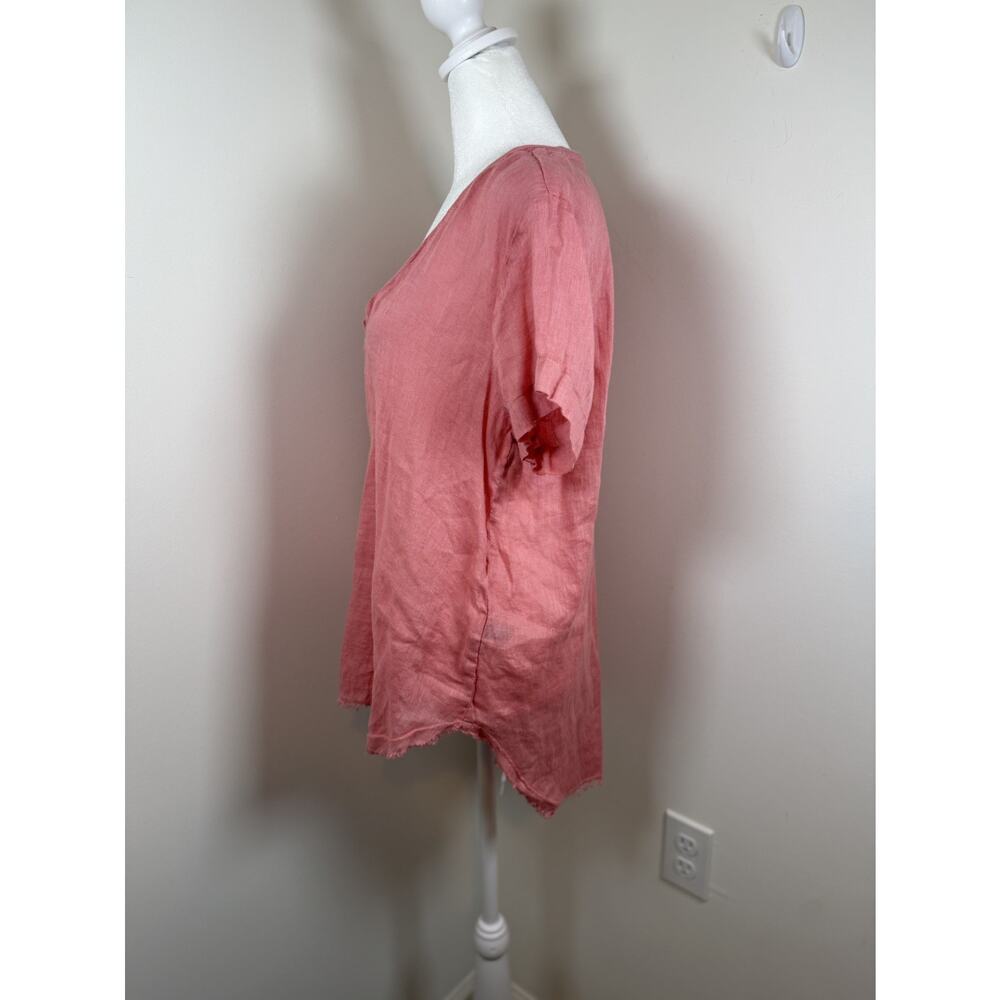 Bella Dahl Linen V Neck Top Peach Short Sleeve Raw Hem Women's M Boho Lagenlook - Picture 10 of 11